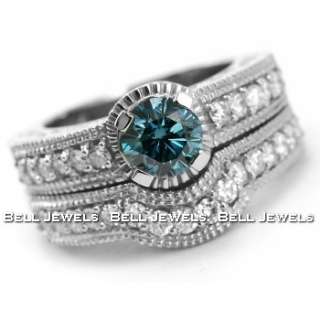 11ct BLUE DIAMOND MATCHING ENGAGEMENT WEDDING RING SET VINTAGE 