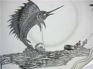   Glass Sterling Silver Decorated Sailfish Fishermen Boat Plate Rockwell