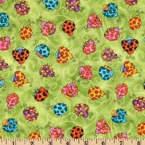  44 Wide Dancing Bugz II Ladybugs Green Fabric By The 