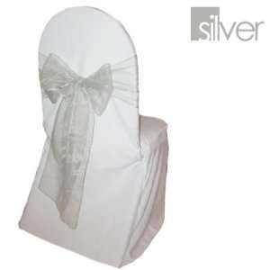  Silver Organza Wedding Chair Sash Bows (Set of 10 