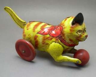 Vintage MARX Cat Wood Ball Tin Litho Tail Wind Toy  