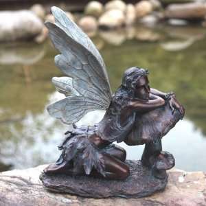  Napco 16 1/2 Inch Tall Bronze Fairy on Mushroom Patio 