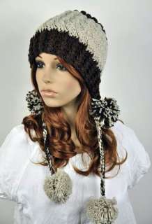 All Hand Knit Wool Young Lady Winter Ski Hat Cap Lovely String Balls 