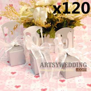 120PCSx Miniature Silver Chair Favor Boxes Wedding &Ribbon  