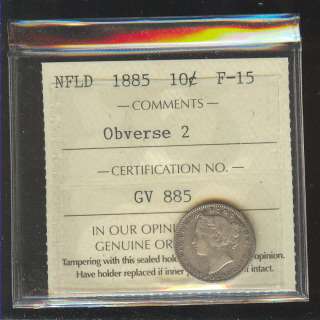 1885n obverse 2 Newfoundland 10 Cents ICCS F15 DA21  