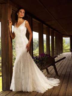 White/Ivory Slim V neck Lace Custom Wedding dress/Bridal gown/SZ 8 10 