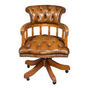  Antique English Buttoned Tan Leather Swivel Desk Chair 