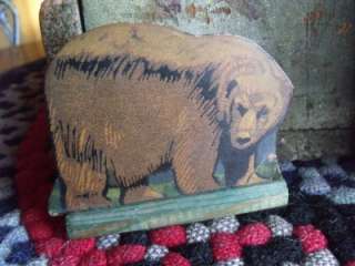 Rustic Primitive Antique Paper Board Brown Bear Mounted To Stand Wood 