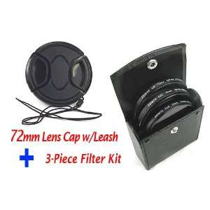  72mm Lens Cap (center pinch) w/Leash + 3 Piece Filter Kit 