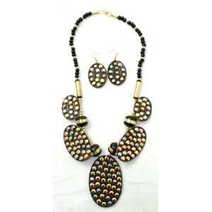  Studded Oval 3 Tone Necklace & Earrings 