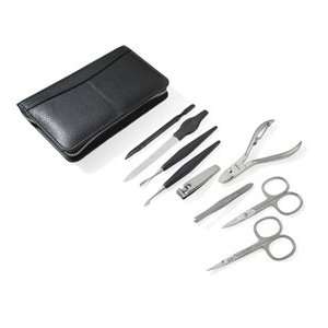  Large Stainless Steel Manicure Set in a Black Leather Case 