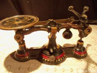   Antique Apothecary Balance Scales Black Cast Iron & Brass Weights