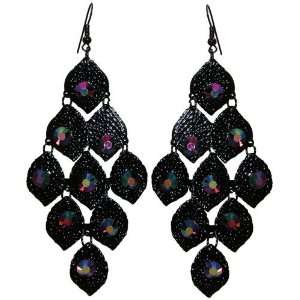  9 Leaf Chandelier Earrings with Rhinestones In Black with 