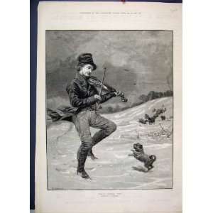  1880 Man Snow Violin Dog Sheep Dancing Old Print