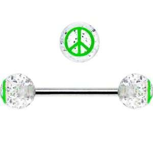    Clear Glitter Green Peace Sign Barbell Tongue Ring Jewelry