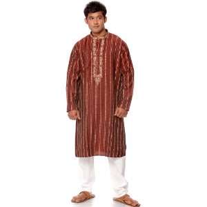 Maroon Kurta Pajama with Meenakari Embroidery on Neck   Pure Cotton