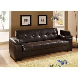   Dark Brown Faux Leather Sofa Bed w/ Cup Holders