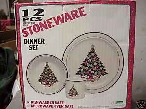 12 pc Christmas Tree Stoneware Dinner Set ~ Plates Cups  