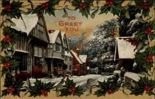 CHRISTMAS Winter Scene Holly Border c1910 Postcard  