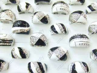   lots 25pcs white black enamel cz crystal Silver Tone rings CER7  