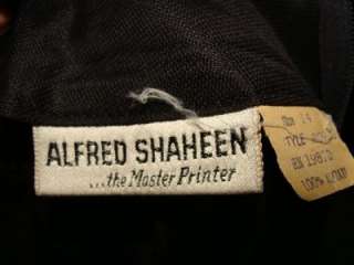ALFRED SHAHEEN VINTAGE 60S LONG BLACK SILK SCREENED ORCHID HAWAIIAN 
