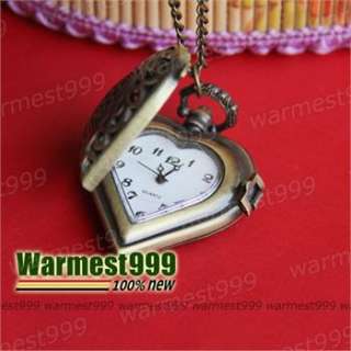 Antique Heart Quartz Pocket Watch Pendant Necklace Vintage Bronze 