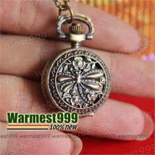 Antique Bronze Vintage Dragonfly Quartz Pocket Watch Pendant Necklace 