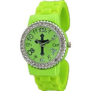  Lime Round Shape Silicone Bangle Watch with Simple Cross 