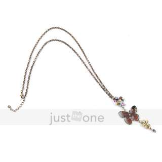   Butterfly with Colorful Flower Pendant Long Chain Necklace  
