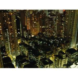 Inland View of Sheung Wan and Central with Buildings Glowing at Night 