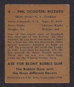 Bowman 1948 #8 Phil (Scooter) Rizutto   New York Yankees. Original 