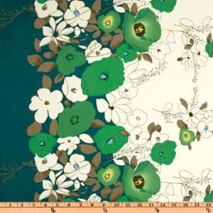  58 Wide Cotton Poplin Border Floral White/Teal Fabric By 