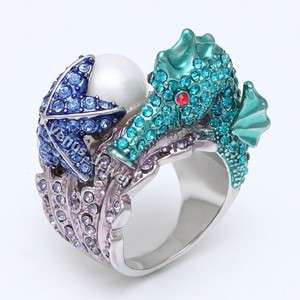 Exquisite Seahorse Starfish Pearl Rhinestone Crystal Cocktail Ring 