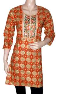 Golden Block Printed Long Orange Cotton Kurta Top India  