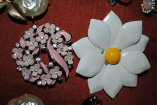 VTG Rhinestone Flowers Enamel Brooches Earrings Sterling Repair Wear 