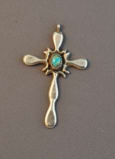 BEAUTIFUL OLD NAVAJO CAST SILVER CROSS   TURQUOISE  