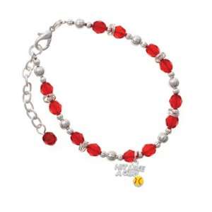Silver Hit Like a Girl with Enamel Softball Red Czech Glass Beaded 