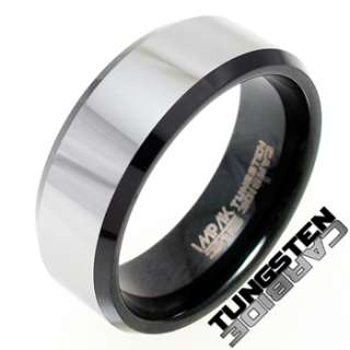 Tungsten Carbide Black w/ Silver Stripe Beveled Band Ring Size 8 15 
