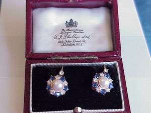   Antique English DIAMOND Sapphire Pearl 14Kt Gold Dangle EARRINGS