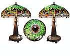 PAIR DRAGONFLY STAINED GLASS TABLE DESK LAMP CUT GLASS TIFFANY STYLE 