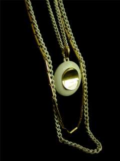 Vtg 70s Modernist Gold Tone Medallion Runway Necklace White Enamel 