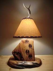   Log Lamp Carved Deer Tracks Free Shade Antler rustic Furniture  
