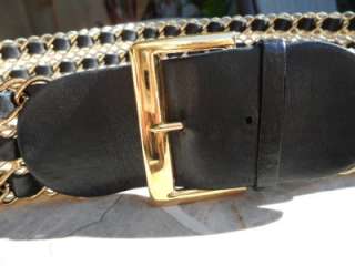 CHANEL Vintage BELT Gold Chain & Black Leather 3 Rows 1 3/4 AUTHENTIC 