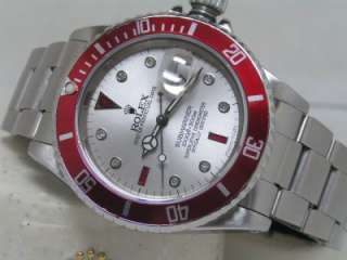 Rolex Mens SS Submariner Boxes Papers Silver Serti Dial Red Bezel 