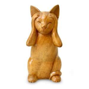 Wood sculpture, Hear No Evil Cat 