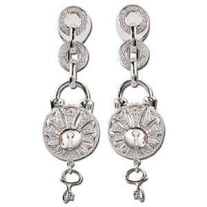  14K White Gold Lock & Key Round Diamond Earrings 