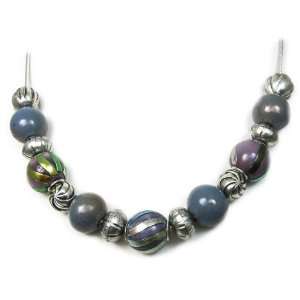  / Grey / Green Glass Humbug and metal bead necklace on snake chain