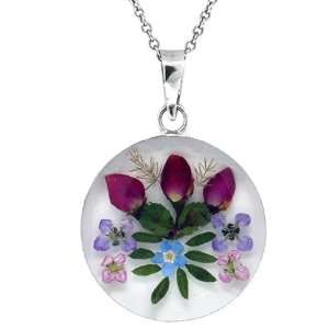  Sterling Silver Pressed Flower Round Pendant, 18 Jewelry