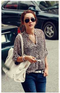   Womens Leopard Print Shirt Button Down Blouse Chiffon Tops  