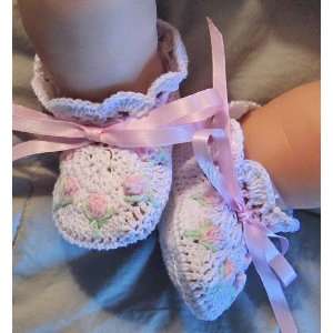  Hand Crocheted Baby Booties   White with Pink Embroidered 
